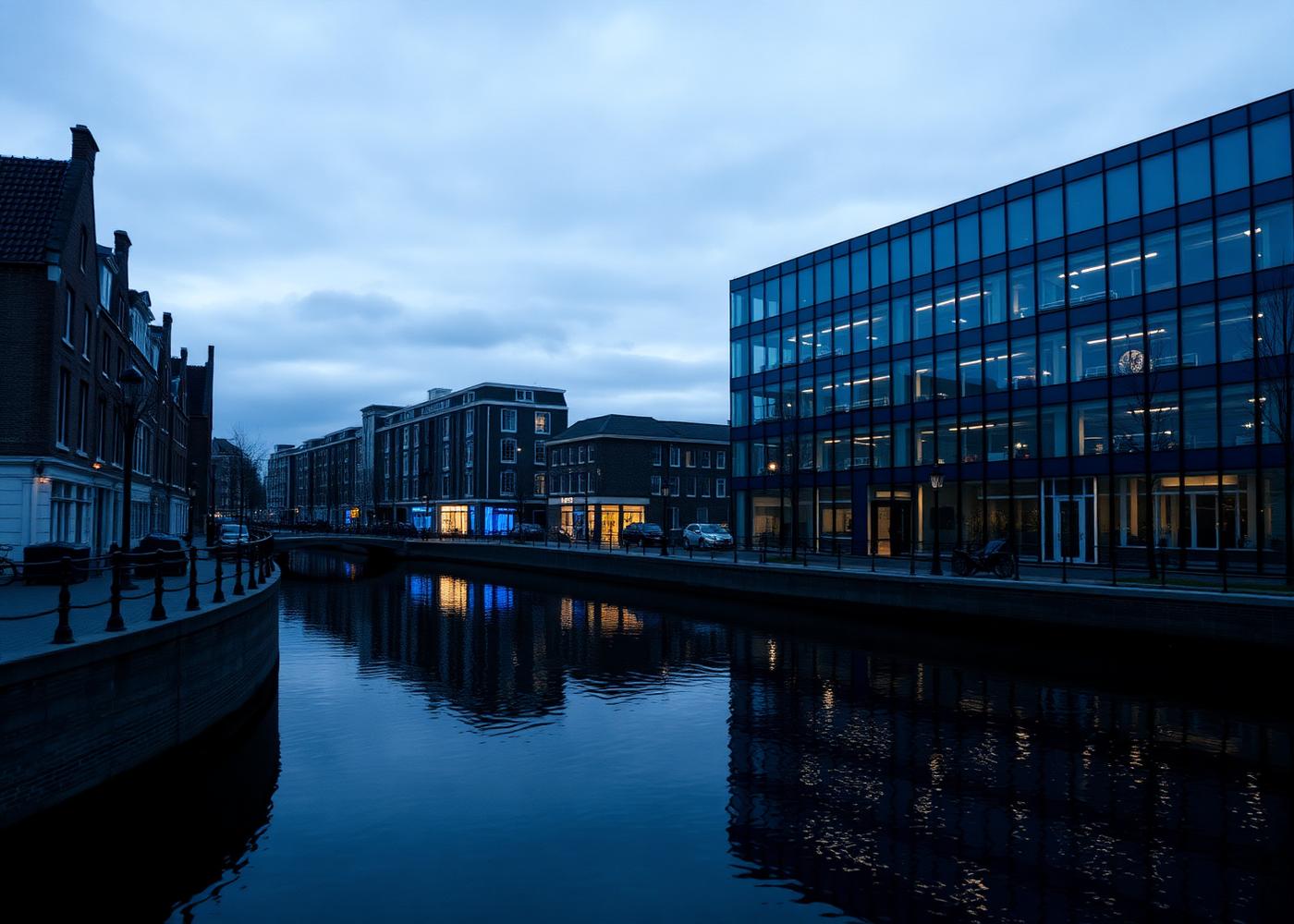 Dutch canal beside a modern glass office at dusk