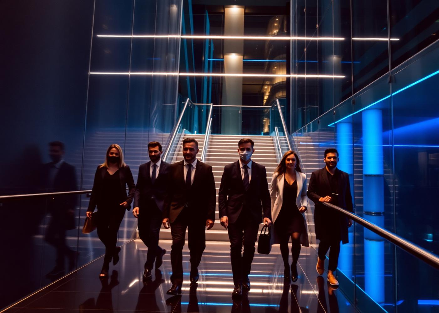 Consulting team walking through a modern glass atrium