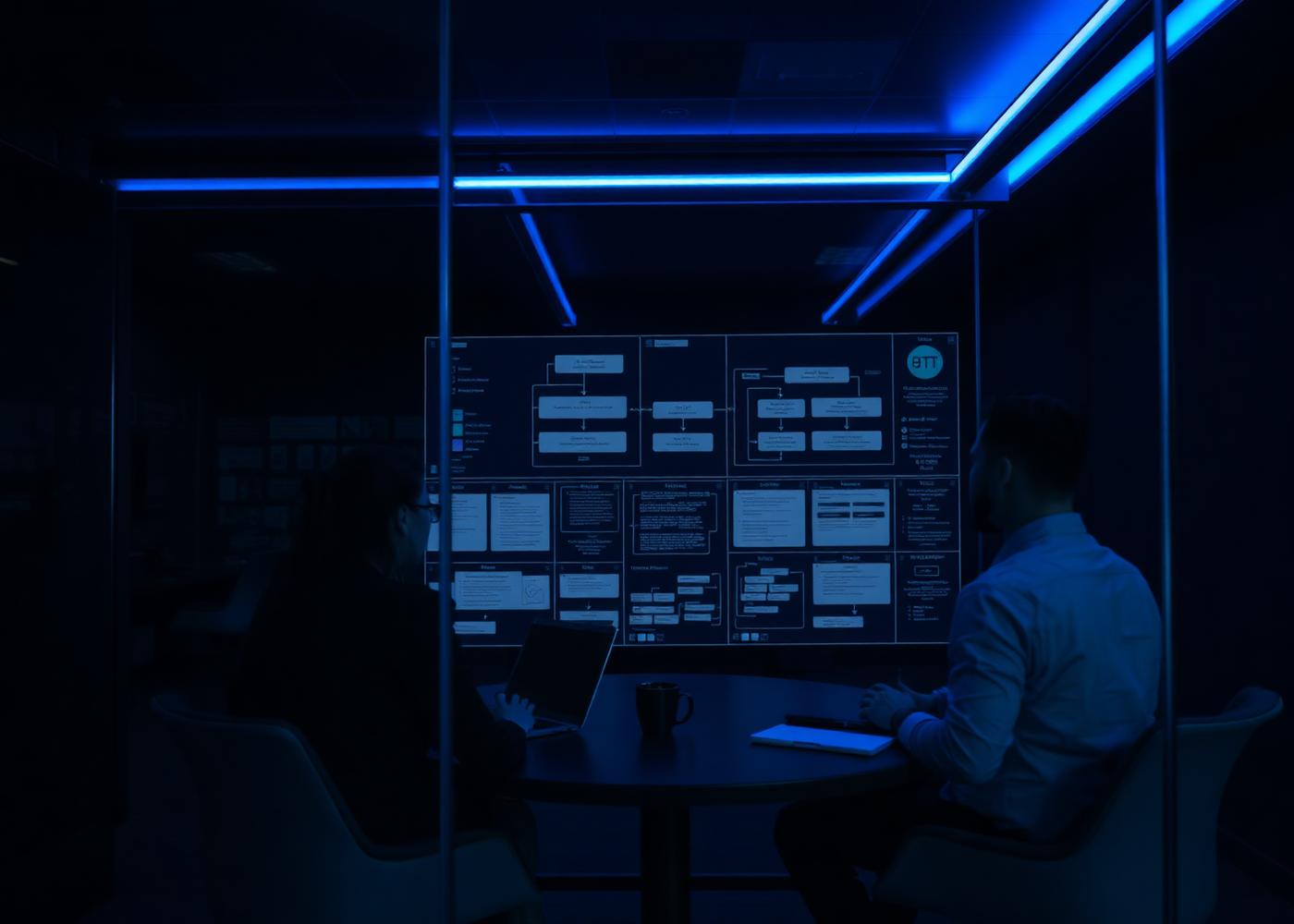 Consultants mapping process architecture on a glass wall